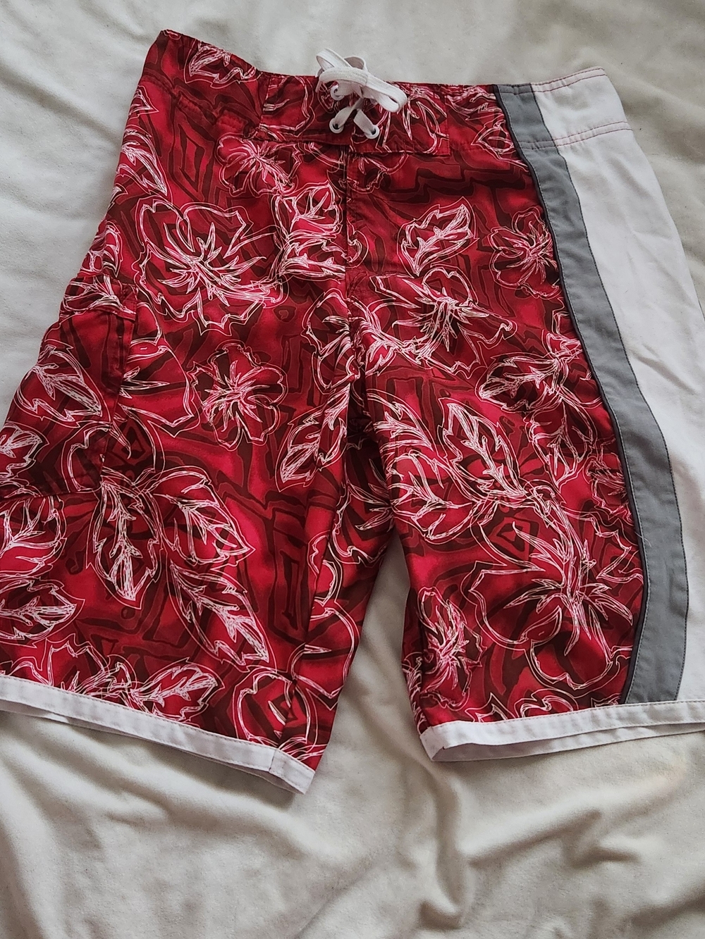 Men's Red Floral Swim Shorts with White Waistband